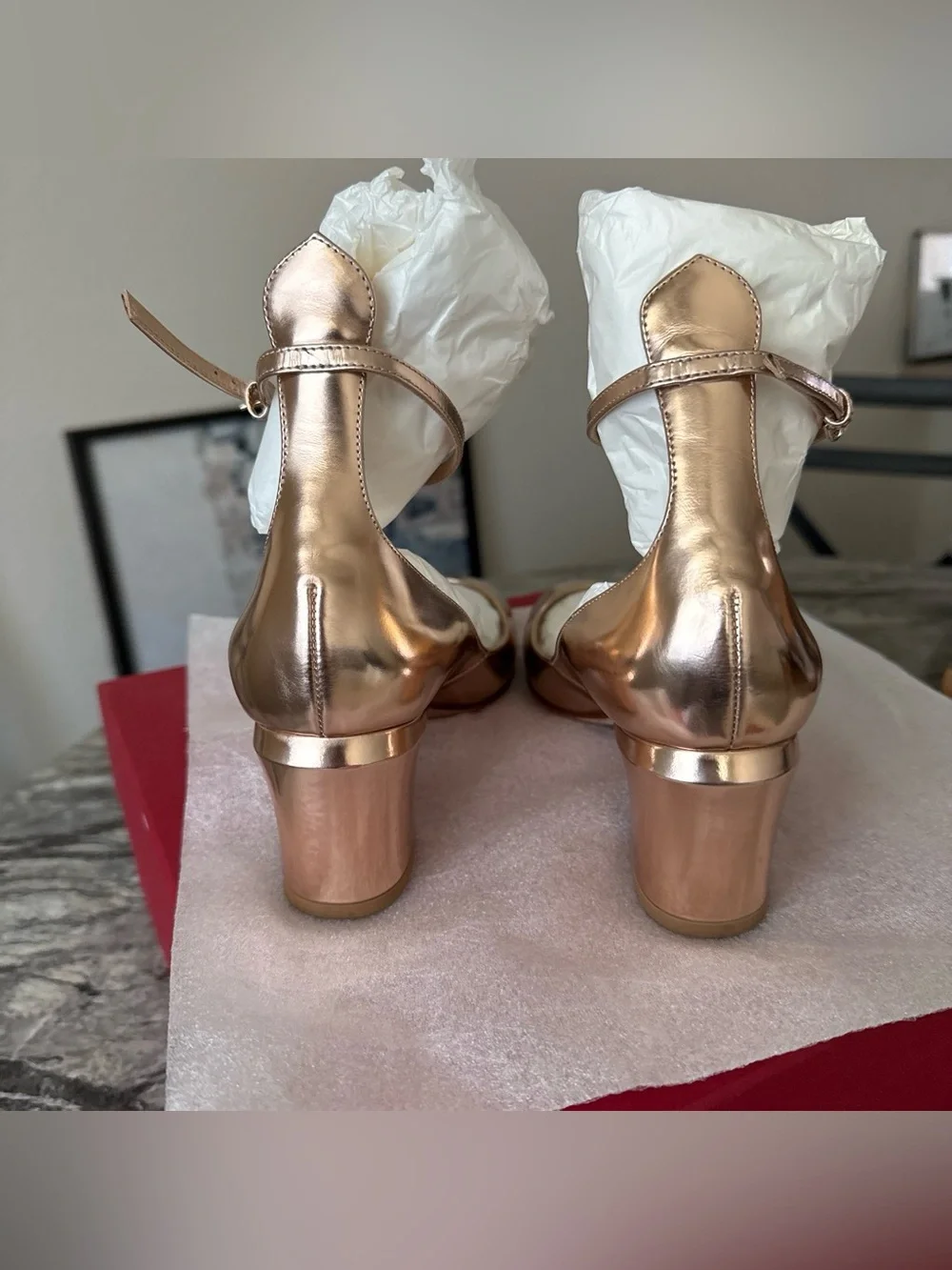 Valentino Garavani Metallic Rose Gold Mary Jane Block Heel